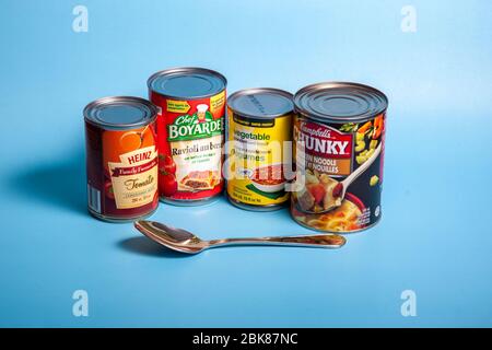 April 11, 2020: Halifax, Canada - Campbells, Heinz and No Name brand canned soups Stock Photo