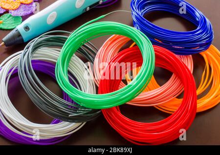 Kit colored ABS plastic in coils for 3d pen and printer. Handmade. STEM education. New technology. Hobby after school. Stock Photo