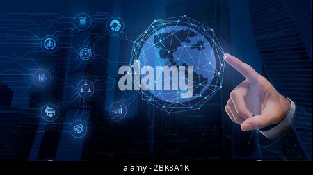 Businessman finger touching global business network over the world Stock Photo