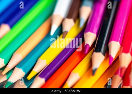 Many different colored pencils on white background Stock Photo