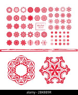 Collection of different red snowflakes. Winter abstract pattern Stock Vector