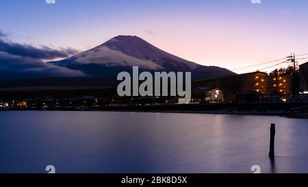 Mount Fuji Sunset with Reflection in Lake Yamanaka, Japan Stock Photo