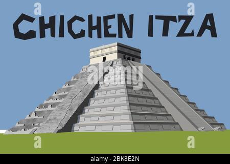 Detailed and naturalistic vector graphic of the Chichen Itza Pyramid on the Yucatan Peninsula, Mexico, Central America Stock Vector