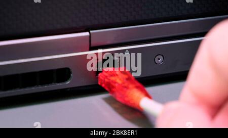 Hand insert internet cable RJ 45 connections to laptop. Stock Photo