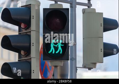 Crossing Light in Vienna Austria with Couple Holding Hands Stock Photo