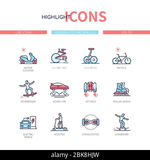 Modern and future vehicles - line design style icons set Stock Vector