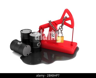 Locked Red Pumpjack, Barrels And Spilled Oil On White Background Stock Photo