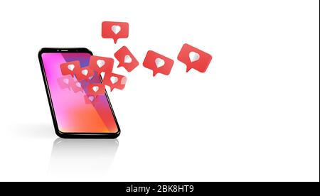 Mobile phone likes and comments 3d realistic vector illustration. Stock Vector