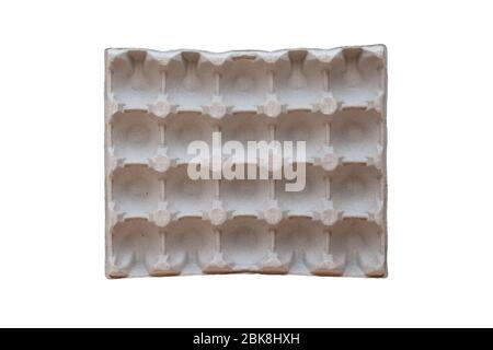 A big grey organic container for 20 eggs isolated on white background. Family egg package for twenty eggs Stock Photo