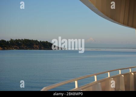 Mt Baker seen at sunset from the San Juan Islands of Washington State, USA. Stock Photo