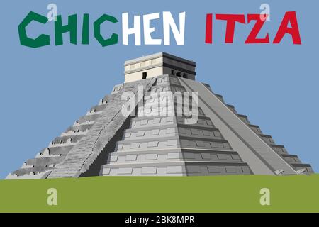 Detailed and naturalistic vector graphic of the Chichen Itza Pyramid on the Yucatan Peninsula, Mexico, Central America Stock Vector