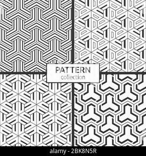Set of four seamless patterns. Abstract geometric trendy vector backgrounds. Modern stylish textures. Geometric tiles with triple hexagonal elements. Stock Vector
