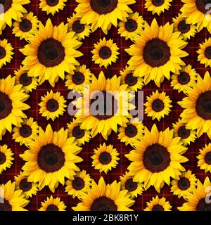 sunflowers flowers seamless pattern design on textured red flannel plaid fabric seamless pattern background. Can be tiled Stock Photo