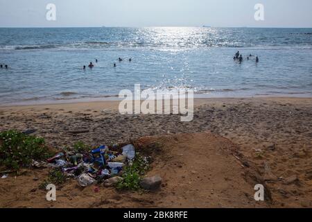 Plastic pollution on the sea beach at Colombo in Sri Lanka. Stock Photo