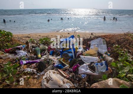 Plastic pollution on the sea beach at Colombo in Sri Lanka. Stock Photo