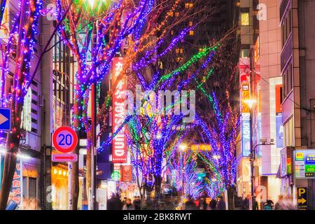 Tokyo, Japan - 31 Dec 2019: brightly illuminated trees along walking shopping street in Shinjuku shopping district of Tokyo with bright store ads and Stock Photo