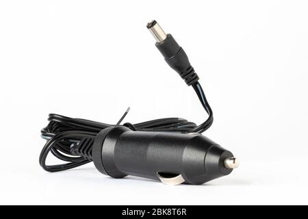 horizontal view of a black color car lighter power charger isolated on white background Stock Photo