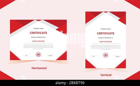 Red color vertical & horizontal certificate template with luxury badge and modern shape. Stock Vector