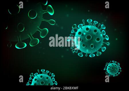 Image of COVID-19 virus cell under the microscope on the blood. Coronavirus outbreak influenza background. Pandemic medical health risk concept with d Stock Vector