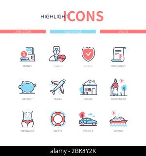 Insurance concept - line design style icons set Stock Vector