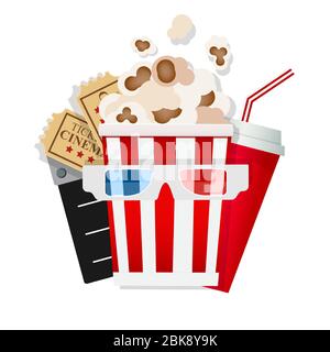 Cinema Icon with Pop Corn, 3D glasses, lemonade and Tickets. Vector Illustration Stock Vector