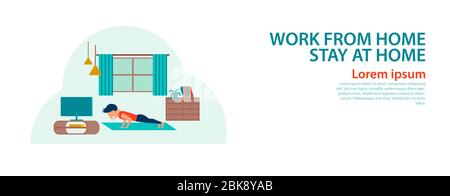 banner of cartoon version of working home and stay home with flat design Stock Vector