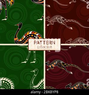 Set of four seamless fashion colorful australian animals patterns. Australian art. Aboriginal painting style, aboriginal ornament. Stock Vector