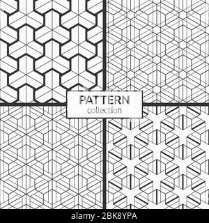 Set of four seamless patterns. Abstract geometric trendy vector backgrounds. Modern stylish textures. Geometric tiles with triple hexagonal elements. Stock Vector