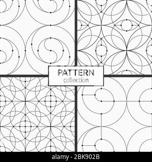 Set of four geometrical seamless patterns. Repeating tiles with connecting circles and lines. Linear style. Spiral elements. Dots in nodes. Stock Vector