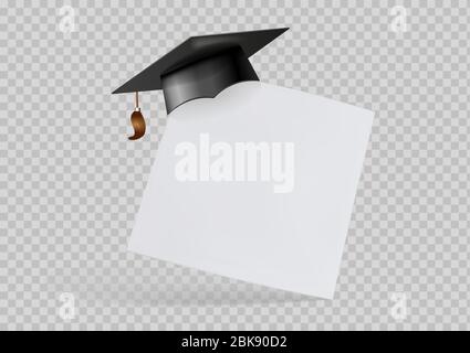 Graduation cap or mortar board on paper corner. Vector Stock Vector