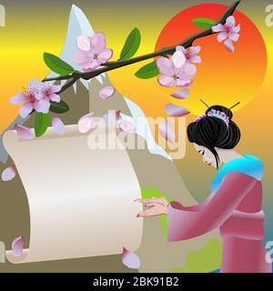 Vector geisha in kimono pointing with hands to poster for text. Behind raditional japanese nature background with sakura flowers branch, mountain and Stock Vector