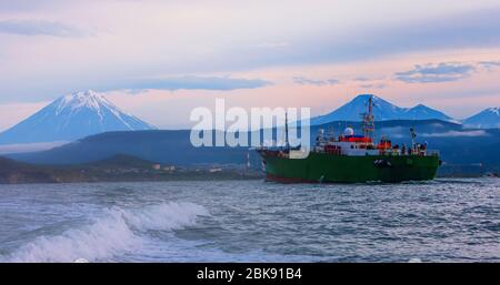 The ship in the Avacha Bay of the Pacific ocean Stock Photo