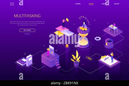 Multitasking concept - modern isometric vector web banner Stock Vector