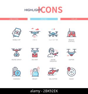 Drones - modern line design style icons set Stock Vector