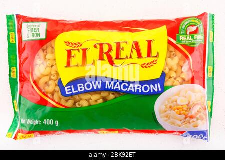 Antipolo City, Philippines - February 6, 2019: Pack of elbow macaroni on an isolated white background. Stock Photo