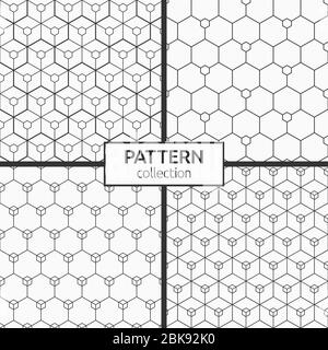 Set of four abstract seamless hexagons patterns. Modern stylish texture. Small hexagons connected with lines. Repeating geometric tiles. Stock Vector