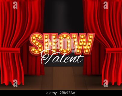 Realistic Show announcement board with bulb frame on curtains background. Vector Illustration Stock Vector