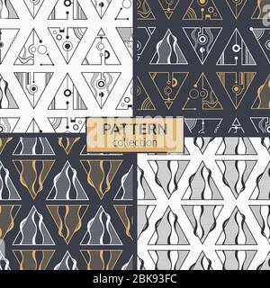 Set of four seamless patterns of of triangles, separated with lines and circles. Modern stylish textures. Elegant linear ornaments. Vector color. Stock Vector