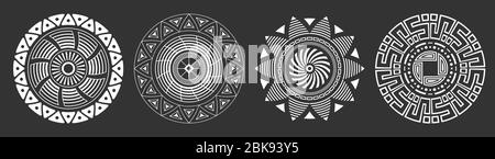 Set of four abstract circular ornaments. Decorative patterns isolated on black background. Tribal ethnic motifs. Stylized sun symbols. Stencil tattoo Stock Vector