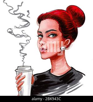 https://l450v.alamy.com/450v/2bk943c/pretty-woman-drinking-a-cup-of-coffee-ink-and-watercolor-drawing-2bk943c.jpg