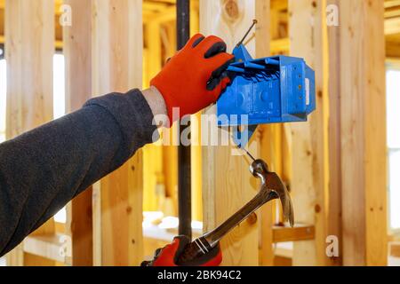 Hands of electrician installing electrical socket in new home Stock Photo