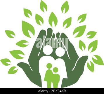 green hands and leafs holding together  miniature human family Stock Vector