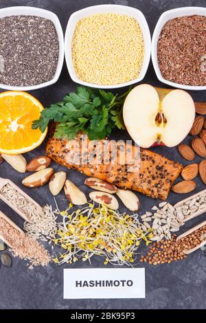 Beneficial nutritious eating for thyroid gland. Healthy ingredients as source natural vitamins and minerals Stock Photo