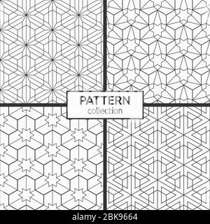 Set of four seamless patterns. Abstract geometric trendy vector backgrounds. Modern stylish textures. Geometric tiles with triple hexagonal elements, Stock Vector