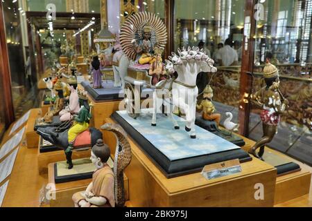 Inside view of Dr. Bhau Daji Lad Museum in Mumbai, India, with an exhibit depicting Hindu sun god Surya on his chariot drawn by a seven-headed horse Stock Photo