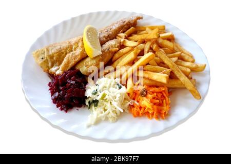 Fried fish - zander/ sander/ pikeperch, salad and french fries on plate Stock Photo