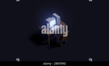 Simple mock up composition with old computer on dark background 3d render low poly Stock Photo