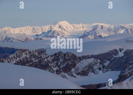 Aerial of snow capped mountains, Ellesmere Island, Canada Stock Photo