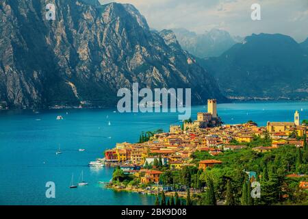 Fantastic summer vacation place, beautiful Malcesine mediterranean cityscape with colorful buildings view from the hill, lake Garda, Italy, Europe Stock Photo