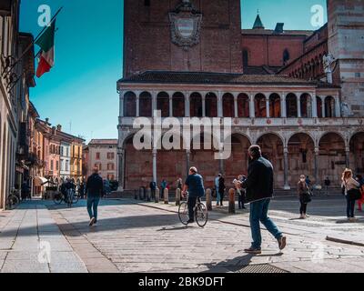 Cremona, Lombardy, Italy -  May 12 nd 2020 - New phase experimenting open air food market in the center of town of Cremona, Lombardy affected covid re Stock Photo